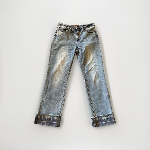Judy Blue Jeans Womens 11/30 Plaid Cuffed High Waist Straight Stone Wash Stretch - Picture 1 of 9